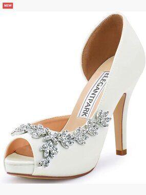 Satin Platform Wedding Heels Peep Toe Rhinestones 4 Inch Heel